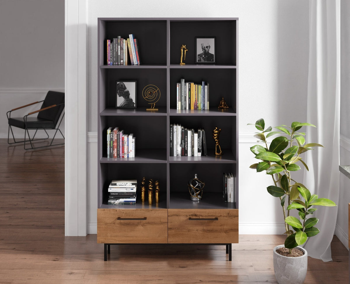 Volga Kitaplık: 2 Çekmeceli 8 Raflı Metal Ayaklı Ergonomik Kitaplık ...